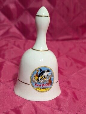 Sea World 1970s souvenir china bell white with gold detailing picture Orca Whale